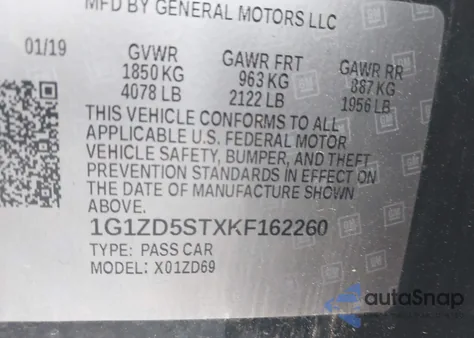 2019 Chevrolet Malibu Lt из США, поврежденный, VIN 1G1ZD5STXKF162260